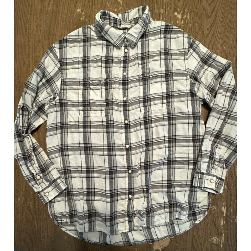 American eagle AE full snap button black white plaid flannel shirt top 90’s Y2K